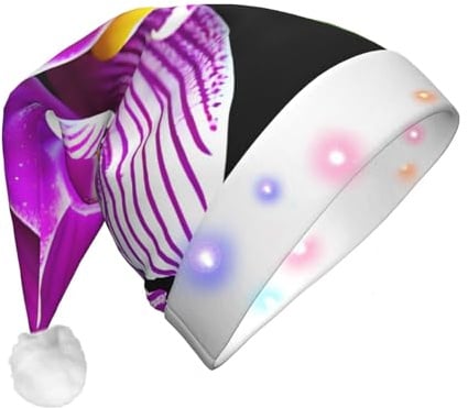 LLOTPQ Orchidee Blumendruck LED Weihnachtsmütze für Erwachsene - Festliche Nikolausmütze Plüsch Winter Party Kopfbedeckung für Urlaub Xmas