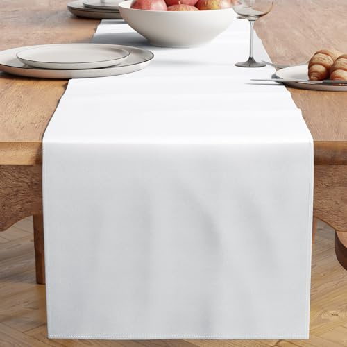 Encasa XO Tischläufer, Wasserfest, Polyester 13x48 Weiß | Esstisch 2 to 4 seater | Wasserabweisend & Fleckenresistent | Spinnpolyester Stoff | Maschinenwaschbar