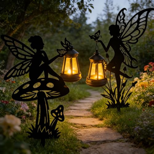 2x Feen Figures mit Solarlampen & Erdspieß - Wetterfest Feen Figuren Gartendeko für Draußen - Eisengarnitur in Schwarz - Warmweiße Beleuchtung für Garten, Terrasse, Balkon - Feengarten Garten Geschenk