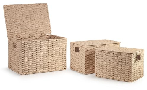woodluv Storage Baskets Set of 3, Lidded Storage Boxes for Shelves Organiser with Handles for Bathroom, Bedroom & Home Office, Khaki