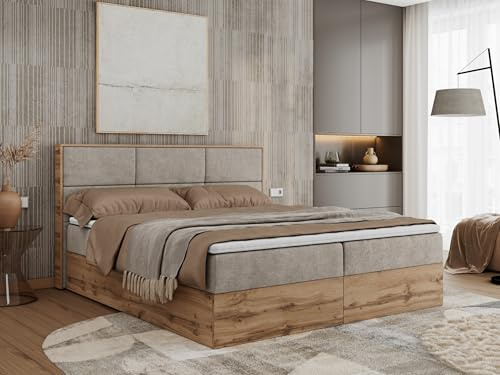 MKS MEBLE Boxspringbett Albero 2-180x200 cm mit Bettkasten, Kontinentalbett/Doppelbett, 2X 7-Zonen Taschenfederkern-Matratze H3, Topper Visco, Kopfteil, Beige Strukture Holzoptik Wotan Eiche