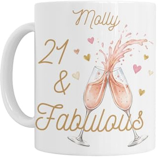 21st Birthday Gift for Girls Her - Personalised 21st Birthday Mug, 21 & Fabulous Design with Champagne Glasses and Hearts, White Ceramic