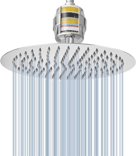 Set Voolan Composto da Soffione Doccia a Pioggia e Filtro per Doccia, Soffioni ad Alta Pressione in Acciaio Inossidabile, Cartuccia Filtrante Addolcitrice per Acqua Dura (20cm, Rotonda)