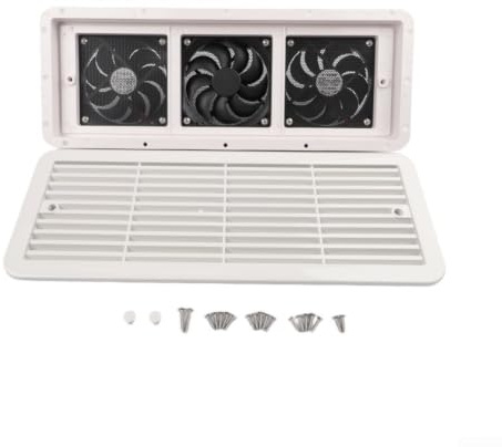 BEAZOOM Ventola di ventilazione per frigorifero, 12 V, con griglia, triplo scarico per raffreddamento, montaggio laterale, alloggiamento in ABS bianco, per camper, roulotte, barche, 479 x 189 mm
