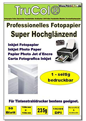 Premium Fotopapier 100 Blatt 10x15cm 235g/qm Highglossy hochglänzend wasserfest DIN A6. Das Foto Glossy Papier ist perfekt geeignet für fotorealistische und digitale Ausdrucke mit brillianter Farbwiedergabe. Das Papier kann bis zu 9600 DPI bedruckt werden und die Ausdrucke sind absolut WASSERFEST und LICHTECHT.
