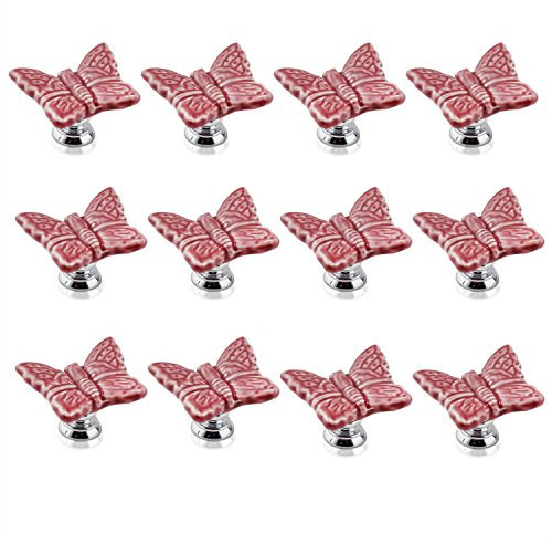 FBSHOP(TM) 12PCS Pink Cute Butterfly Porcelain Ceramic Door Knobs/Pull/Handle for Kitchen Cabinet Drawer Cupboard Chest,Vintage Dresser,Wardrobe & Baby Kid's Children's Furniture Decor