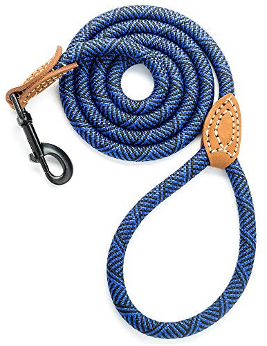 Mile High Life Rope Leash with Genuine Leather Connection, 6 FT/5 FT/4 FT, Heavy Duty Leash for Medium & Large Dogs(Blue,72 Inch-1/2)