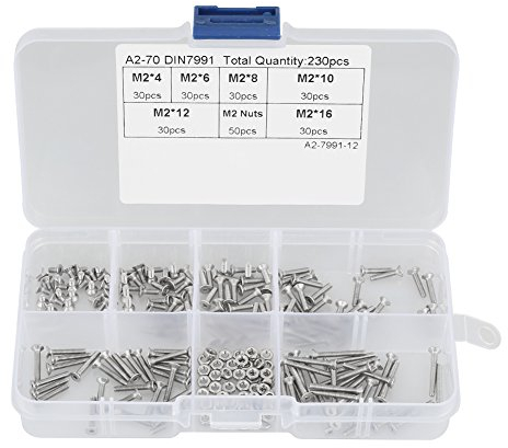 230 stücke M2 304 Edelstahl Flachkopfschraube Zylinderschrauben Muttern Sortiment Kit Werkzeug mit Box