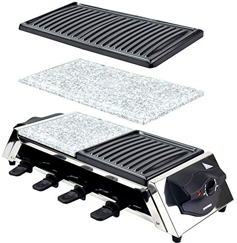 Syntrox Germany Raclette Grill Genf, 8 Personen, 4 Grillplatten, heißer Stein, stufenlose Temperaturregelung, 1500W