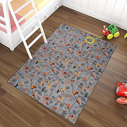 TAPISO Nino Teppich Kurzflor Kinderteppich Kinderzimmer Grau Bunt Mehrfarbig Modern Tiere Koala AFFE Katze Tukan Design Spielteppich 200 x 250 cm