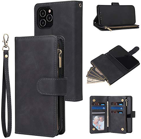 UEEBAI Wallet Case for iPhone 12 iPhone 12 Pro 6.1 inch, Premium Glitter PU Leather Case Magnetic Closure Bling Handbag Zipper Pocket Case Kickstand Card Holder Slots Shockproof Flip Cover - Black