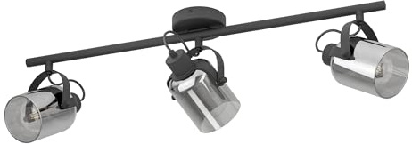 EGLO Deckenlampe Berregas, Spotbalken 3-flammig | Deckenstrahler mit Glas-Lampenschirmen, Spot Deckenleuchte aus Metall in Schwarz und Rauchglas, E27 Fassung