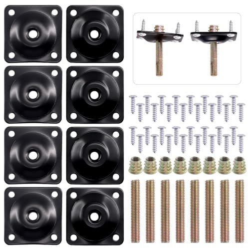 Swpeet 8 Sets Black 12 Degree + Flat Angled Leg Mounting Plates with Hanger Bolts Screws, Furniture Leg Attachment Plates Industrial Strength T-Plate M8 Sofa Legs with Hanger Bolts
