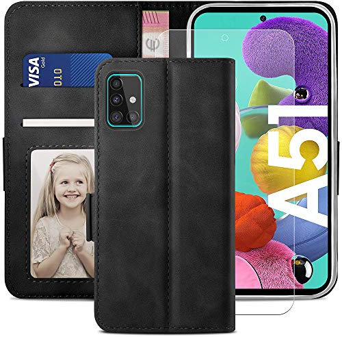 YATWIN Handyhülle Kompatibel mit Samsung Galaxy A51 Hülle +1 Stück Panzerglas Schutzfolie, Klapphülle Samsung A51 Premium Leder Brieftasche Schutzhülle [Kartenfach][Stand] Handytasche Case Schwarz