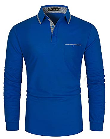 GHYUGR Men's Polo Shirt Long Sleeve Plaid Splice Collar Golf Tennis T-Shirt,Blue 4,XXL