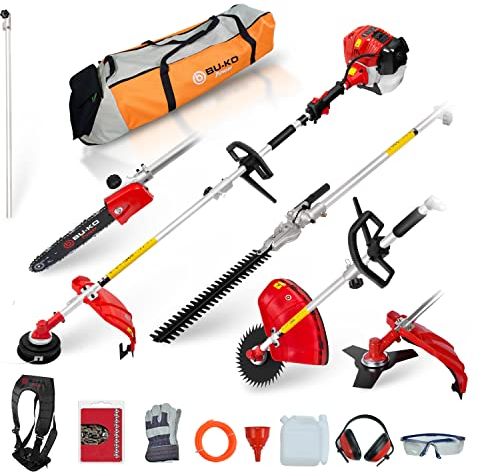 BU-KO Herramienta de jardín Multifuncional de Gasolina 52 CC Que desbrozadora, Cortasetos, podadora de Motosierra, desbrozadora con línea de extensión de 75 cm, Bolsa de Herramientas