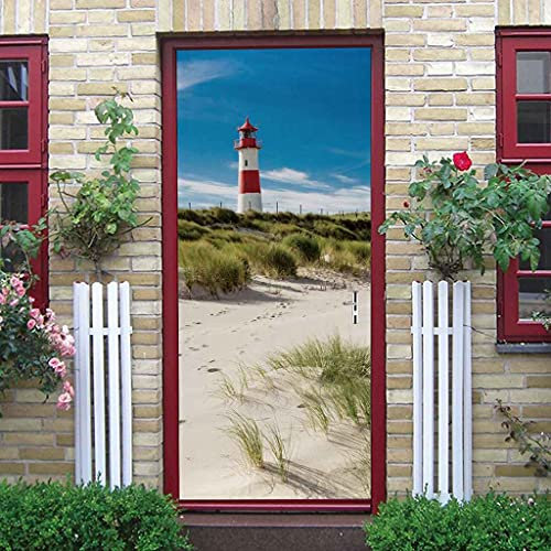 MKNCILN 3D Türaufkleber Strand Leuchtturm Landschaft Selbstklebend Türtapete Türposter Vinyl Poster Küche Aufkleber Wandtapete für Tür Wohnzimmer Schlafzimmer Bad Deko 88x200CM