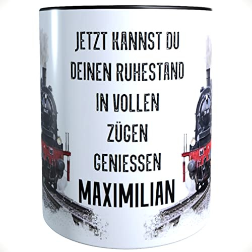 Kilala Geschenk Rentner Kaffeetasse Spruch Eisenbahn Dampflok Kaffeepott Kaffeebecher Tee schwarz (bunt mit Namen)