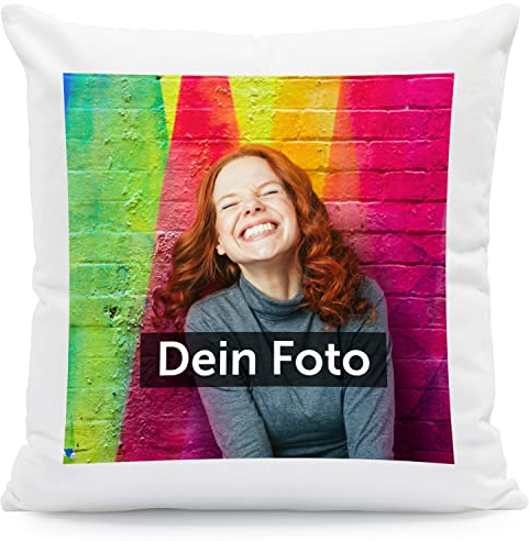 GRAVURZEILE Bedrucktes Kissen zum selbst Gestalten - mit eigenem Foto und Text - Persönliches Geschenk für Sie & Ihn - 100% Polyester - 40 x 40 cm - Farbe: Quadrat - mit Füllung