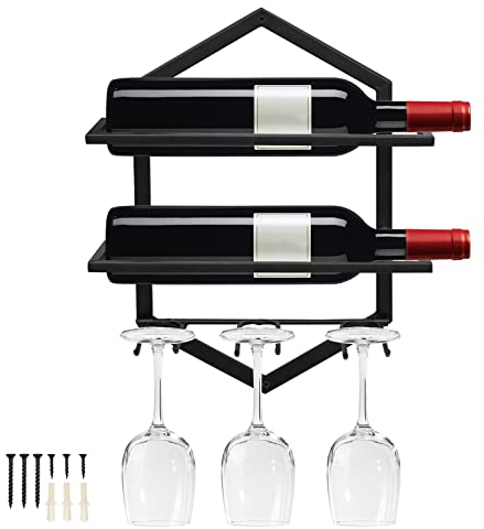 Giyiprpi Metall Wandmontierter Weinhalter Rack, Weinglashalter Hängend Stehen Organizer für 2 Flaschen und 3 Gläser inklusive, Weinregal Rotweinregal für Home Kitchen Bar Displaydekor (Schwarz 1)