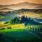 adrium Holz-Bild 70 x 70 cm: Val d Orcia, Toskana, Italien. Ein einsames Bauernhaus mit Zypressen und Olivenbäumen, sanfte Hügel.(76939540)