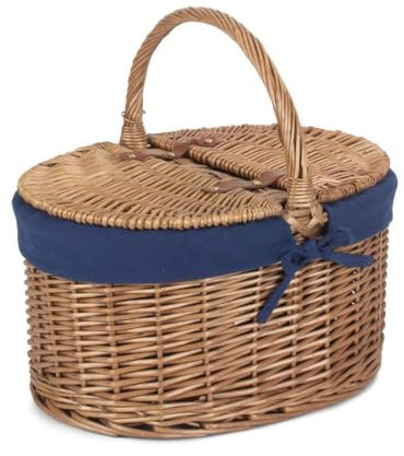 Red Hamper EH093N Wicker Light Steamed Oval Lidded Empty Basket With Navy Blue Lining