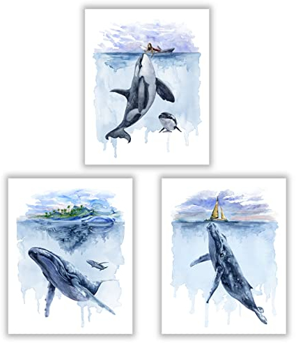 Wanddekoration für Kinderzimmer, Motiv: Ozean-Tierwal, ungerahmt, 3er-Set (20,3 x 25,4 cm) – Kinder-Badezimmer-Dekor, Aquarell-Orka und Buckelwale, Wandkunst, Meerestiere, Wandkunst-Poster für