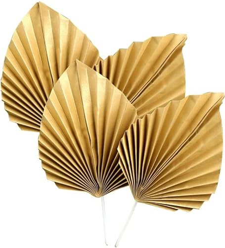 4Pcs Paper Palm Fan Cupcake Topper, palm spears for cakes,Spear Leaf Cake Insert Supplies, Cake Decorations for Birthday Wedding Party(Gold) (cswcmy20220920-0007)