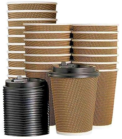 Coregadgets Ripple Hot Cups Coffee - Bicchieri di carta isolati a tripla parete per bevande calde, 25 pezzi, usa e getta, da asporto, con coperchio, per bevande da asporto