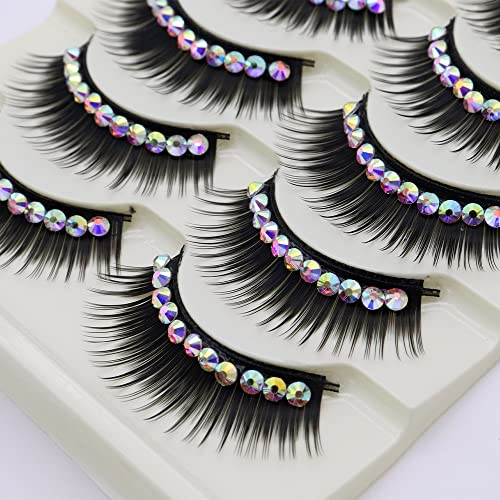 LSTHK Falsche Wimpern, 5 Paare 3D Fake Lashes Natürlich Look Bunte Künstliche Wimpern, Fluffy False Eyelashes für Die Arbeit, Dating, Party, Cosplay (Hotfix Rhinestone-Black)
