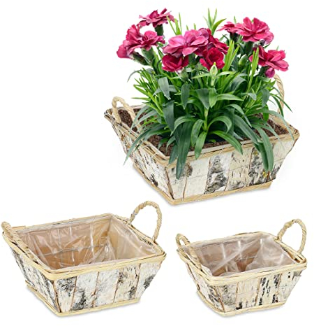 Relaxdays Blumentopf, 3er Set, Holz, Pflanzentöpfe mit Griffen, Folie, 3 Größen, Pflanzkörbe innen & außen, weiß/Natur
