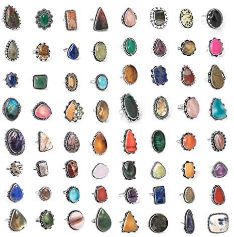 Silver Carats 10er-Set handgefertigte Messingringe mit Silberüberzug | Naturstein-Sortiment in den Größen EU 52-62 | Einzigartige Vintage-Schmuck-Kollektion