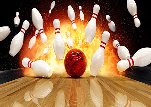 BELECO 2.1x1.5m Bowling-Hintergrund aus Stoff für Fotografie, Bowling-Geburtstagsparty-Dekoration, Kulisse, Let's Strike Up Some Fun, Feuerflammen, Bowling-Hintergrund, Kuchentischdekoration