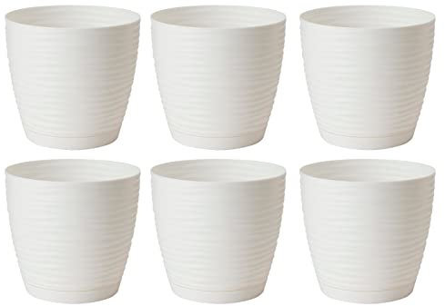 AC - Pack de 6 Macetas Redonda de 15 cm con Plato Discreto, Diseño Sahara, Fabricado en España, jardín Exterior, terraza o balcón, Color Blanco