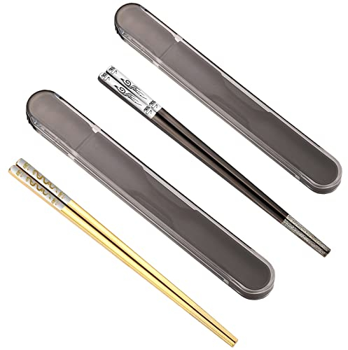 Portable Chopsticks with Pull Design Case, Reusable Metal Stainless Steel Chopstick with Titanium Plated for School, Home, Office, Outdoor, Bento Box Use, Dishwasher Safe (Golden Dragon Black Phoenix)
