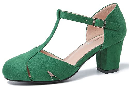 Peijely Womens T Strap Mary Jane Shoes Chunky Block Heel Cut Out Ankle Strap Buckle Dress Dance Pumps, Suede Green, 4 UK