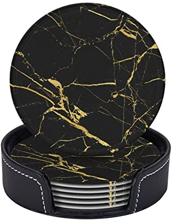 sous-Verres en Cuir Noir Or Marbre Imprimé 6 Pièces Dessous De Verre Tasse Dessous De Verre avec Boîte De Rangement pour Café Table en Bois Décor Dessous De Verre