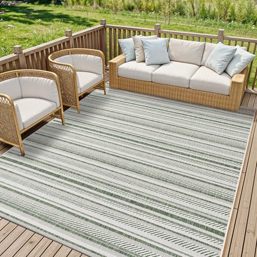 Livabliss Kavita Ibiza Indoor Outdoor Floor Covering 200x275 cm – Boho Pattern for Living Room, Patio & Kitchen, Waterproof, Stain-Resistant, Dark Green & Ivory