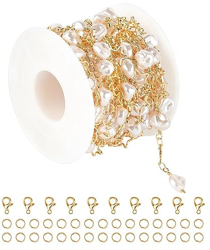 KYUNHOO Schmuckkette aus vergoldetem Messing, 4,5 m, Rolle, unregelmäßige Perlen, hohle Sterne, Kette für Damen, Halskette, Armband, DIY, mit Karabinerverschlüssen und Binderingen