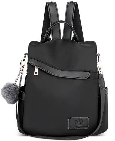 DEEVORCA Mode Damen Rucksack Anti Diebstahl Tagesrucksack Elegant Wasserdicht Schultertasche mit Süßem Pompom-Anhänger Schulrucksack für Reisen Urlaub Täglich Damen Leichtgewicht Handtasche Schwarz