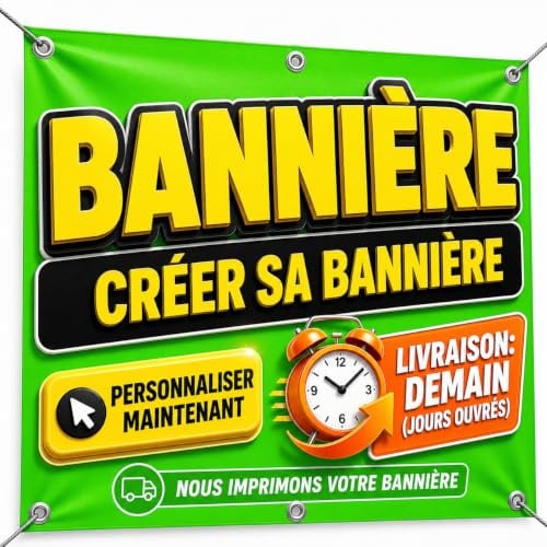 Banderole personnalisée avec texte/logo/photo | Tous formats disponibles | Résistant UV intérieur/extérieur | Parfait publicité anniversaire mariage événements