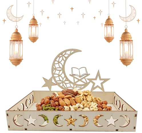 TECHEEL Ramadan Teller,Eid Mubarak Tablett Holztablett Tischdeko für Dessertsnacks Serviertablett mit Mond und Stern Muster Ramazan Deko für Süßigkeiten Kuchen Kekse, für Eid Tischdekoration (A)