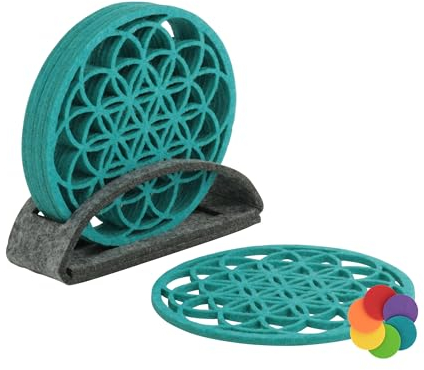 BIASTO Filz-Untersetzer 6er-Set | Petrol/Lago (030) mit Ständer | Blume des Lebens | 10cm Durchmesser | Made in Germany