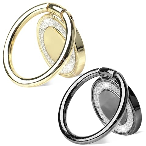 RISVOWO Handy Ring Smartphone Fingerhalterung - 2 Stück 360 Grad Drehung Universal Ring Halterung Halter Ringhalter Handyhalterung für iPhone iPad Samsung Huawei und mehr (Gold+Schwarz)