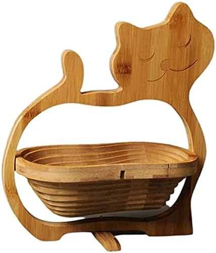 Cesta de Frutas de bambú Plegable de 11x 11,8 Pulgadas, Cesta de Frutas secas Plegable, Cesta de Aperitivos de Madera, Soporte Creativo para fruteros para Mesa de Cocina, Gato