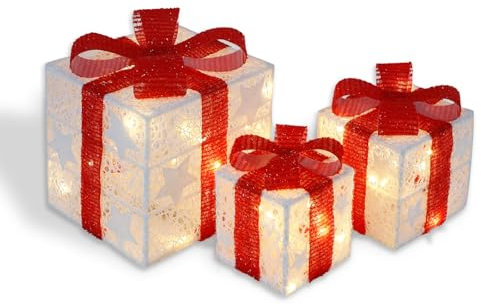 CCLIFE Juego de 3 Cajas de Regalo Con Luz LED Para Navidad, Árbol, Hogar y Decoraciones CushHom