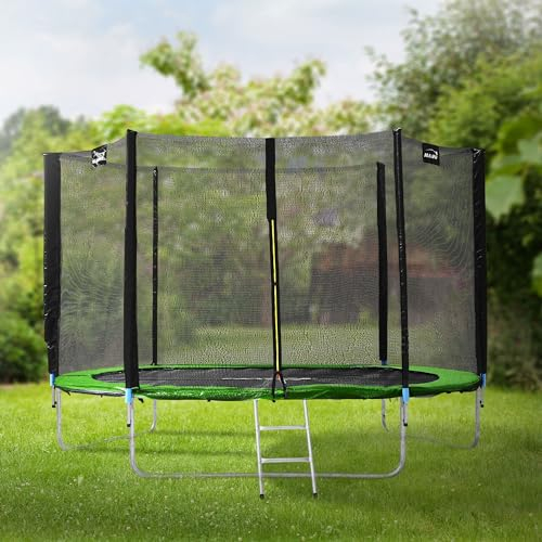 Hauki Trampolín Redondo de Exterior Ø305 cm Verde GS Probado Juego Completo con Red de Seguridad, Escalera, Bordes Cubiertos y Postes Acochados Cama Elástica Estable Soporta hasta 150 Kg