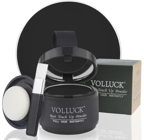 VOLLUCK Poudre de racines - Couvre les cheveux gris et dissimule les zones éclaircies - Couverture longue durée - Pour hommes et femmes - Facile à utiliser et finition naturelle (noir foncé)