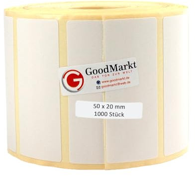 GoodMarkt Thermodirekt Etiketten selbstklebend | 50x20 mm 1 Rolle, weiß, 1000 Etiketten | Kompatibel mit Brother, Zebra | Haushaltsetiketten, Barcodeetiketten, Marmeladenetiketten