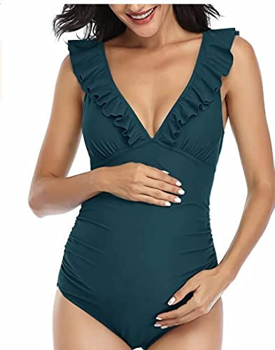 Costume da Bagno Gravidanza Maternità Scollo a V Incinta con Cuscino Petto Rimovibile Increspato